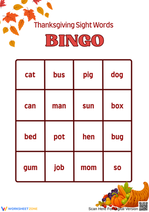 Thanksgiving CVC Sight Word Bingo Game for Kindergarten