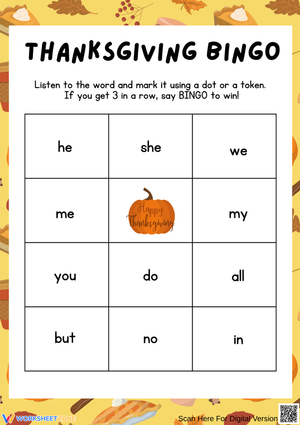Thanksgiving Word Recognition Bingo for Kids