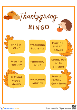 Fun Thanksgiving Activities Bingo Game for Kids and Families