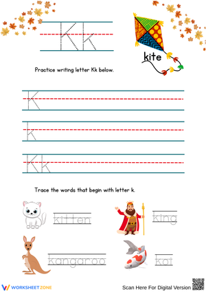 Letter K Writing and Word Tracing Worksheet