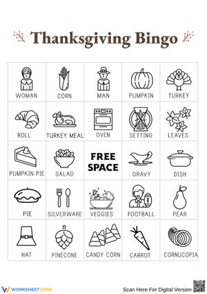 Thanksgiving Bingo Black & White Printable Worksheets