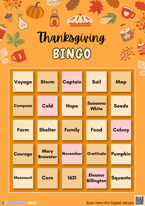 Thanksgiving Bingo History Vocabulary Worksheets