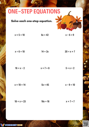 Thanksgiving One-Step Equations Worksheet