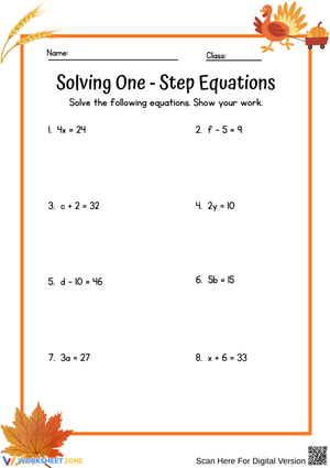 Thanksgiving Math Practice: One-Step Equations Worksheet