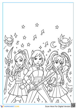 K-Pop Demon Hunters Coloring Page – Trio of Girl Heroes