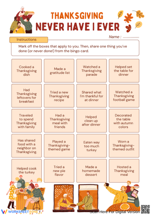 Thanksgiving Never Have I Ever Worksheet