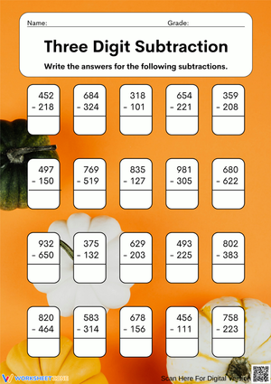 Three-Digit Subtraction Practice Worksheet for Elementary Students