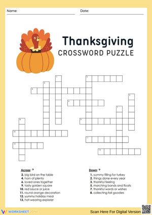 Thanksgiving Crossword Puzzle for Elementary Students