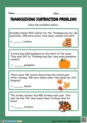 Thanksgiving Subtraction Word Problems Worksheet
