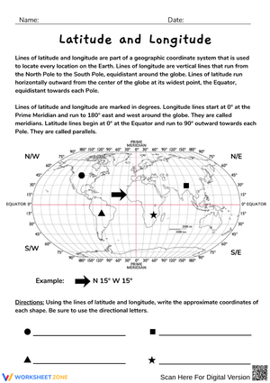 Understanding Latitude and Longitude Coordinates on a World Map Worksheet