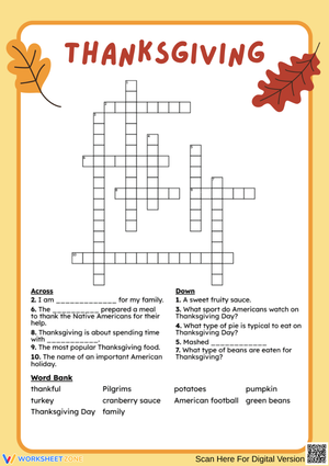 Thanksgiving Crossword Puzzle with Word Bank