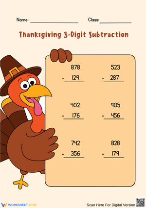 Fun Thanksgiving 3-Digit Subtraction Worksheet for Grades 2–4