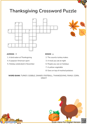 Thanksgiving Crossword Puzzle for Early Elementary