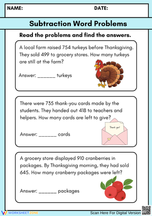 Thanksgiving Subtraction Word Problems Worksheet