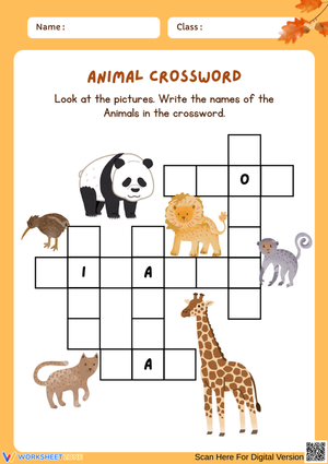 Thanksgiving Animal Crossword Puzzle for Kids