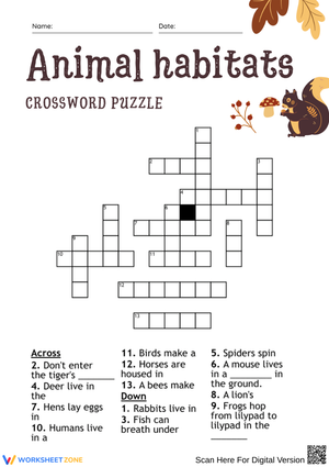 Thanksgiving Animal Habitats Crossword Puzzle