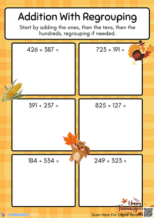 Thanksgiving Addition with Regrouping Worksheet