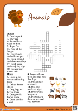 Fun Thanksgiving Animals Crossword Puzzle for Kids