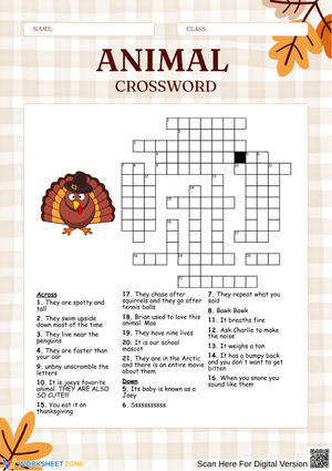 Printable Thanksgiving Animal Crossword Puzzle for Kids
