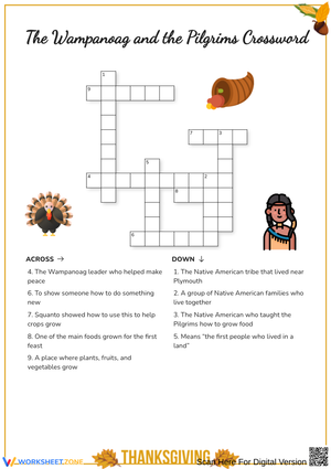 The Wampanoag and the Pilgrims Thanksgiving Crossword