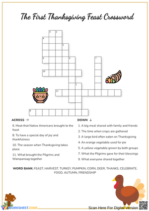 The Wampanoag and the Pilgrims Thanksgiving Crossword