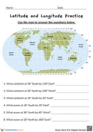 Longitude and Latitude Worksheet – Identify Continents and Oceans by Coordinates