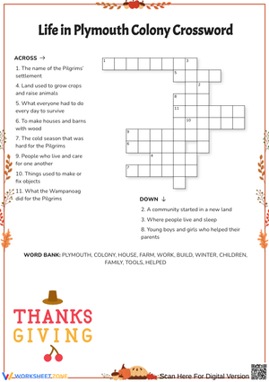 Life in Plymouth Colony Thanksgiving Crossword