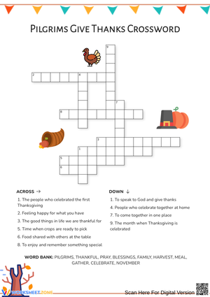 Pilgrims Give Thanks Thanksgiving Crossword