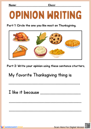Thanksgiving Opinion Writing for Grade 1