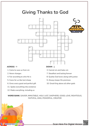 Giving Thanks to God Thanksgiving Crossword