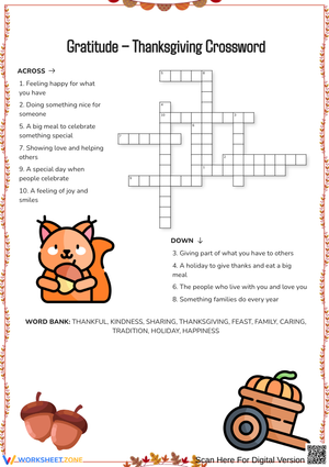 Gratitude Thanksgiving Crossword Printable for Kids