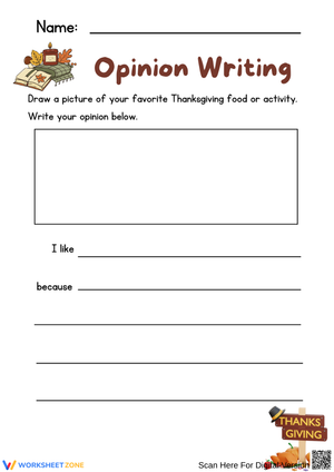 Thanksgiving Food and Activity Opinion Writing Worksheet for Grade 1