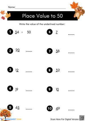 Place Value to 50 Worksheet for Grade 1