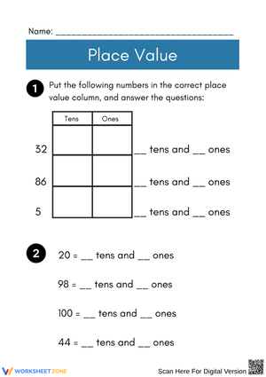 Place Value Tens and Ones Worksheet for Grade 1