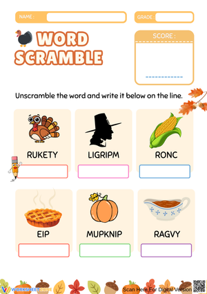 Thanksgiving Picture Word Scramble for Kids