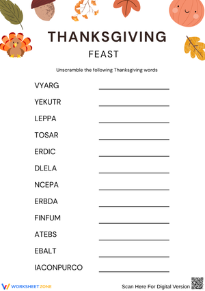 Thanksgiving Feast Word Scramble