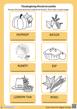 Thanksgiving Word Scramble and Coloring Worksheet 