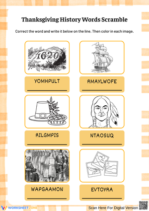 Thanksgiving History Coloring Word Scramble