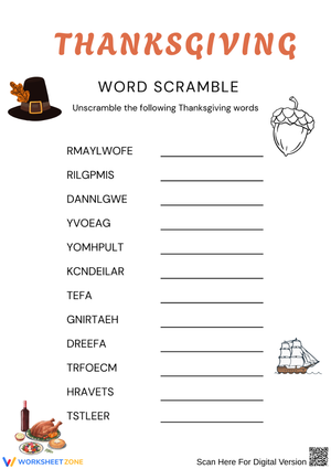Early America Thanksgiving Word Scramble