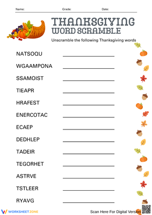 Thanksgiving History Word Scramble for Students