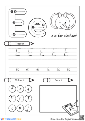 Letter E Tracing and Coloring – Alphabet Handwriting Practice Worksheet