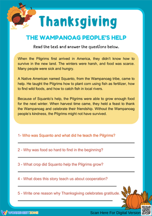 Thanksgiving Reading Comprehension: The Wampanoag People’s Help