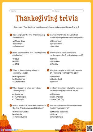 Thanksgiving Trivia Quiz Worksheet