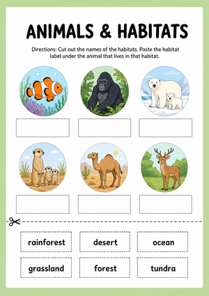 Essential Animal Habitats Cut and Paste | Grade 3