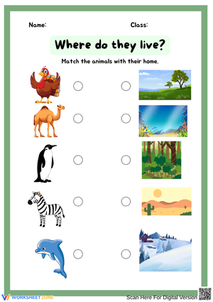 Where Do They Live? Animals and Their Homes Matching Worksheet