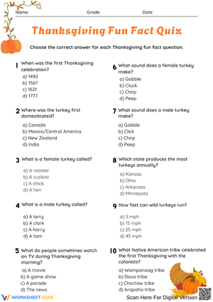 Thanksgiving Fun Fact Quiz Worksheet for Kids