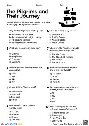 The Pilgrims and Their Journey Quiz Worksheet