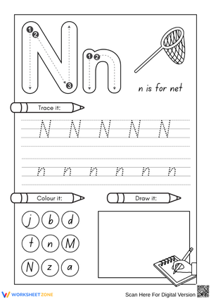 Letter N Tracing and Coloring – Alphabet Handwriting Practice Worksheet