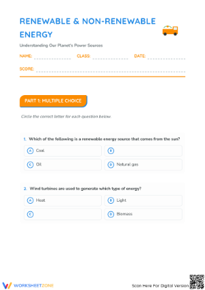 Renewable and Non-Renewable Energy Worksheet