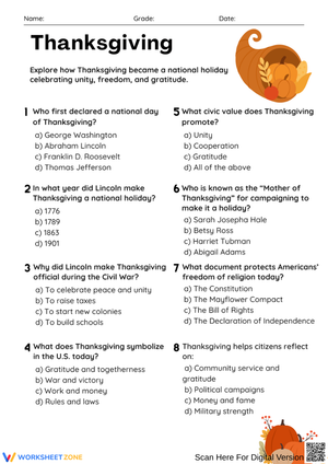 Thanksgiving National Holiday History Quiz Worksheet